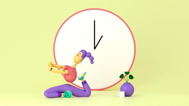 Illustration of person doing yoga with clock in background