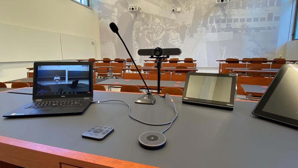 Video conferencing equipment desk layout 