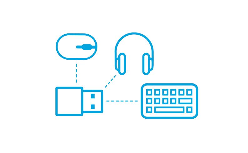 Graphic image of computer peripherals connected via wireless receiver